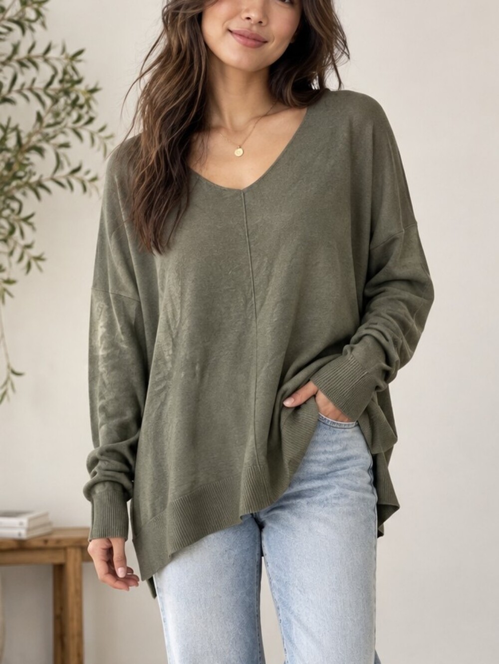 Dreamers Olive V-Neck Lightweight Knit oversized Sweater size S/M